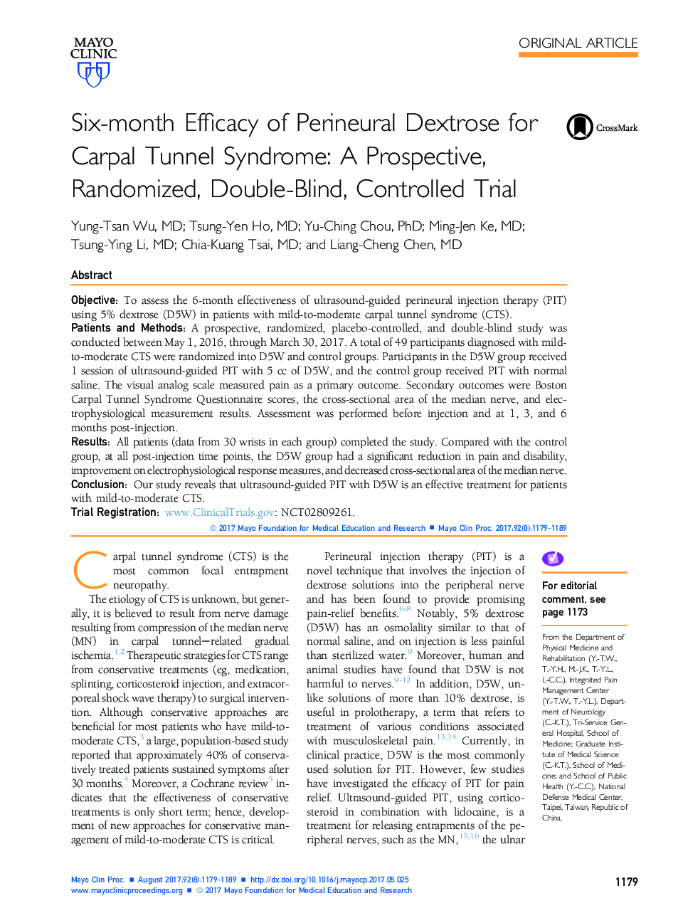 Six-month Efficacy of Perineural Dextrose for Carpal Tunnel Syndrome