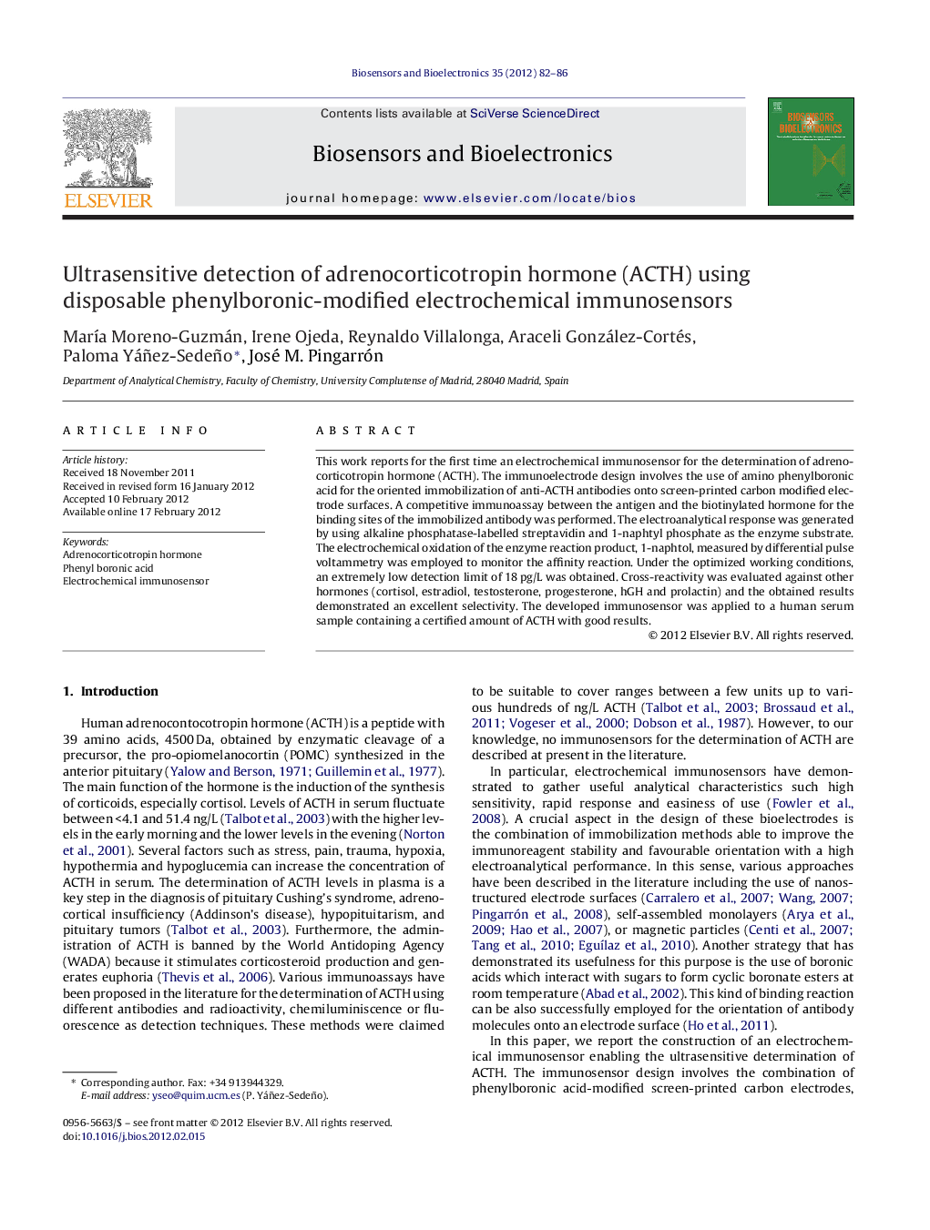 Ultrasensitive detection of adrenocorticotropin hormone (ACTH) using disposable phenylboronic-modified electrochemical immunosensors