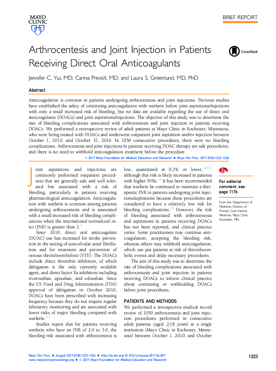 Arthrocentesis and Joint Injection in Patients Receiving Direct Oral Anticoagulants