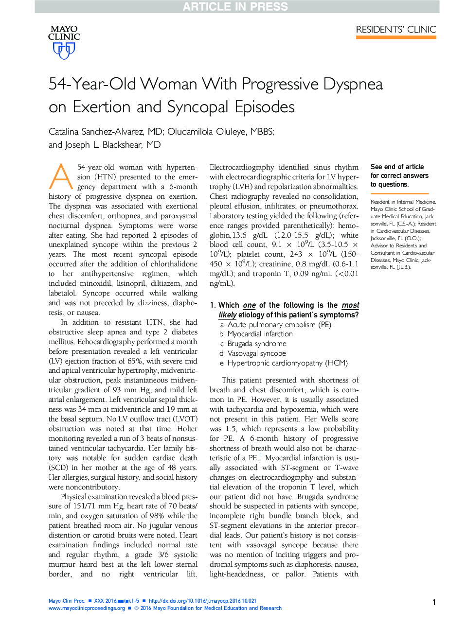 54-Year-Old Woman With Progressive Dyspnea on Exertion and Syncopal Episodes
