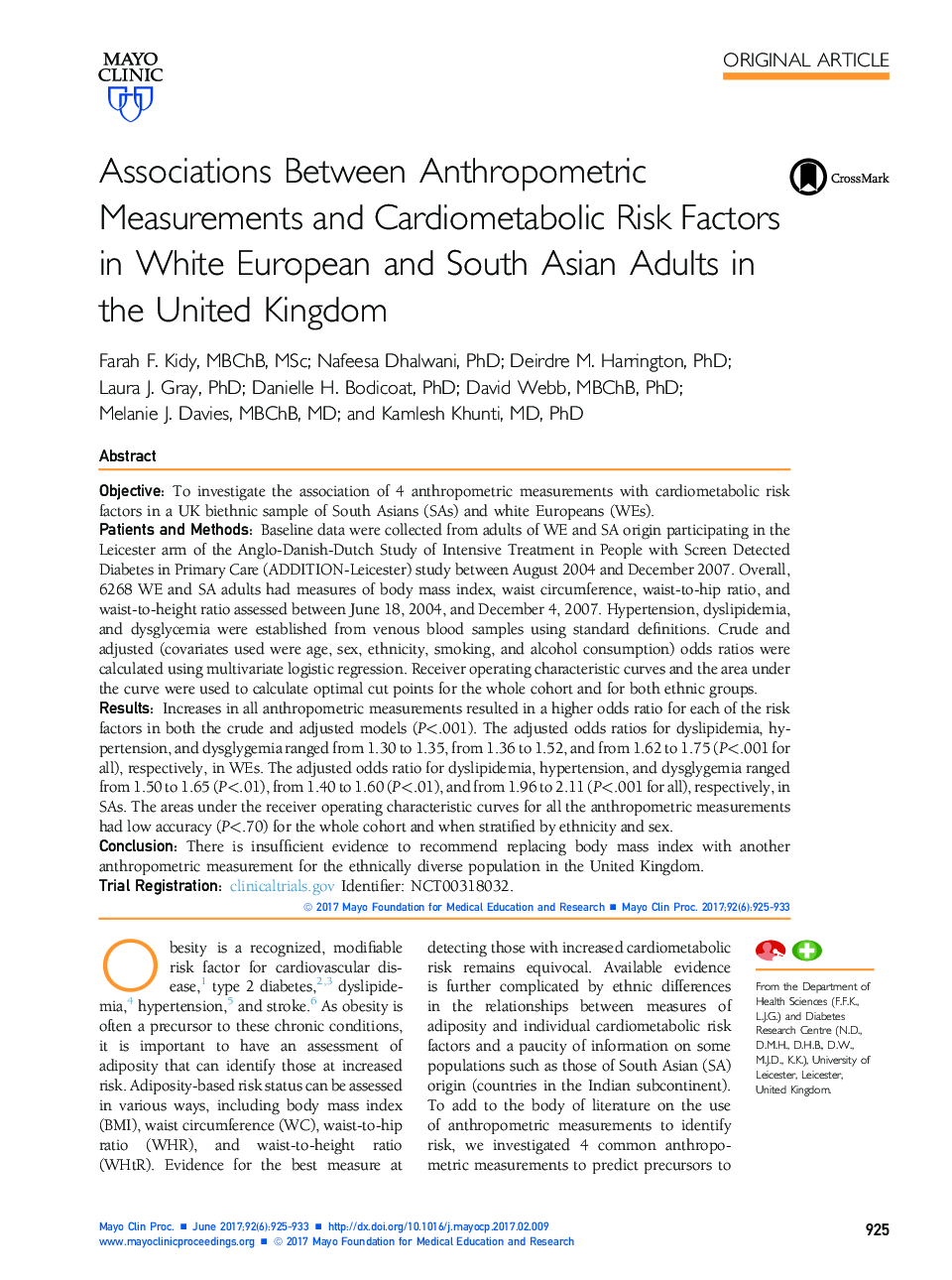 ارتباط بین اندازه گیری های تن سنجی و عوامل خطرزای قلب و عروق در بزرگسالان اروپایی و آسیای جنوب آسیا در انگلستان 