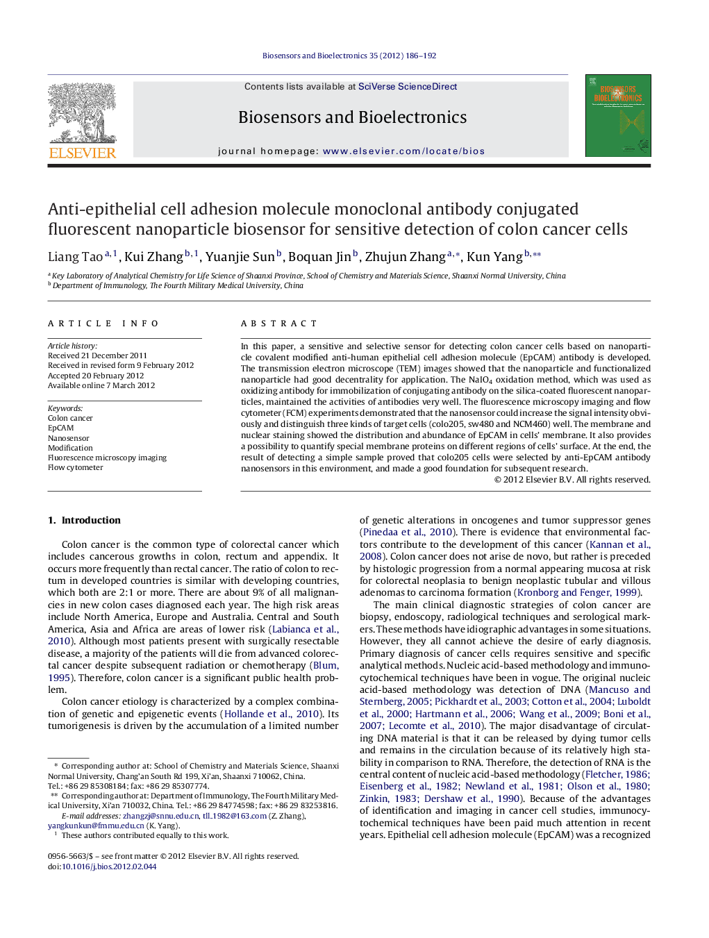 Anti-epithelial cell adhesion molecule monoclonal antibody conjugated fluorescent nanoparticle biosensor for sensitive detection of colon cancer cells