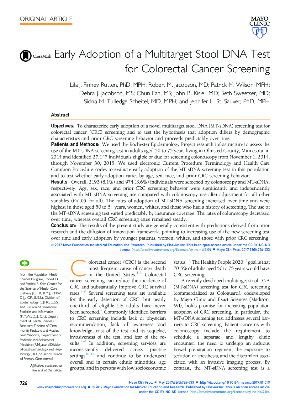Early Adoption of a Multitarget Stool DNA Test for Colorectal Cancer Screening