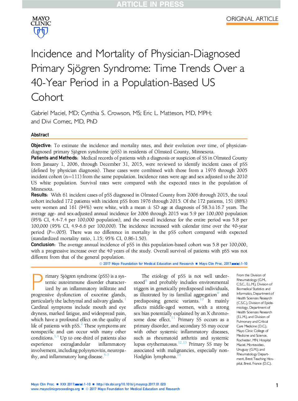 Incidence and Mortality of Physician-Diagnosed Primary Sjögren Syndrome