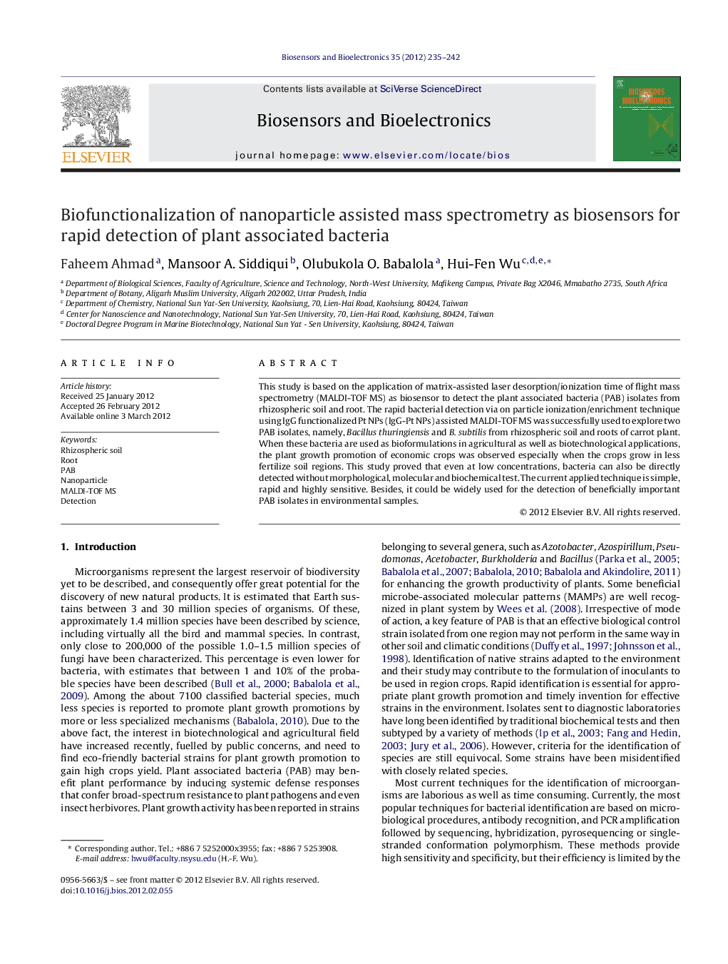 Biofunctionalization of nanoparticle assisted mass spectrometry as biosensors for rapid detection of plant associated bacteria