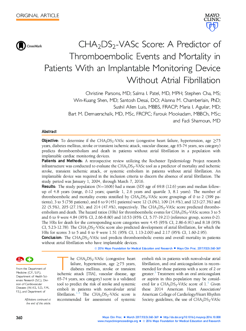 CHA2DS2-VASc Score: A Predictor of Thromboembolic Events and Mortality in Patients With an Implantable Monitoring Device Without Atrial Fibrillation