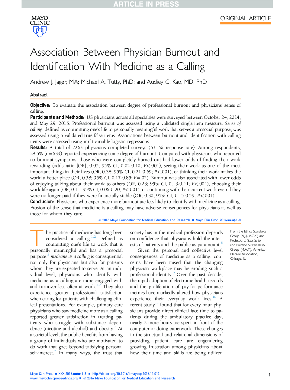 ارتباط بین فرسودگی پزشکان و شناسایی با پزشکی به عنوان یک تماس 