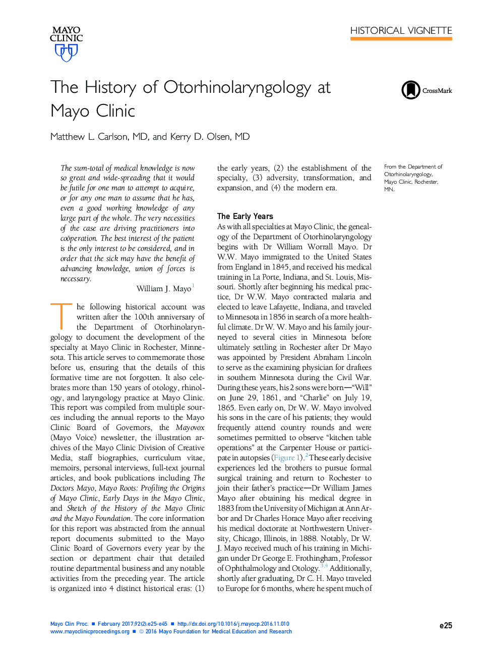 The History of Otorhinolaryngology at Mayo Clinic