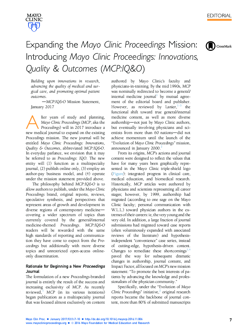 Expanding the Mayo Clinic Proceedings Mission: Introducing Mayo Clinic Proceedings: Innovations, Quality & Outcomes (MCP:IQ&O)