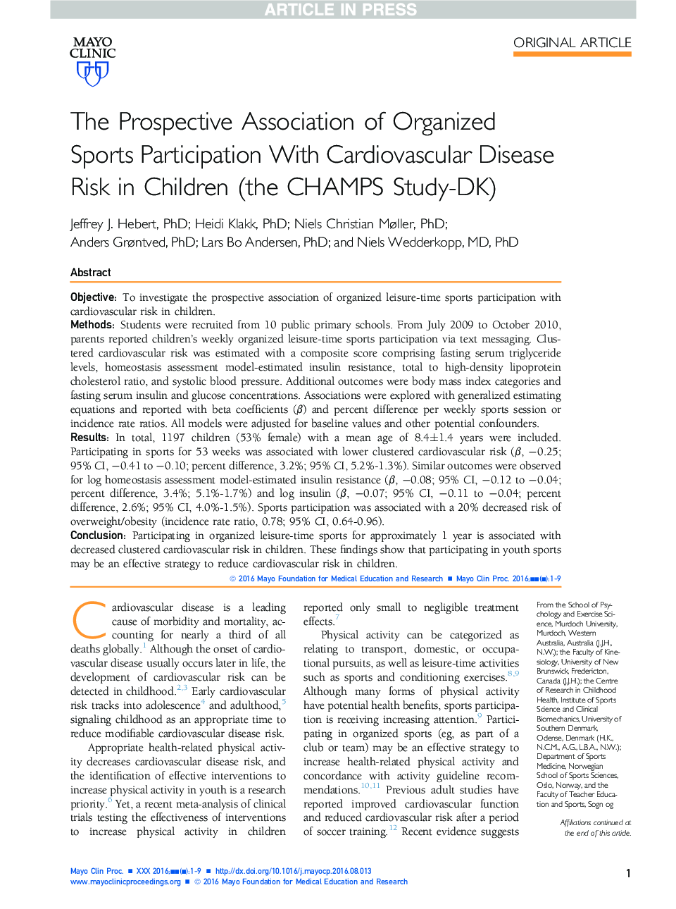 The Prospective Association of Organized Sports Participation With Cardiovascular Disease Risk in Children (the CHAMPS Study-DK)