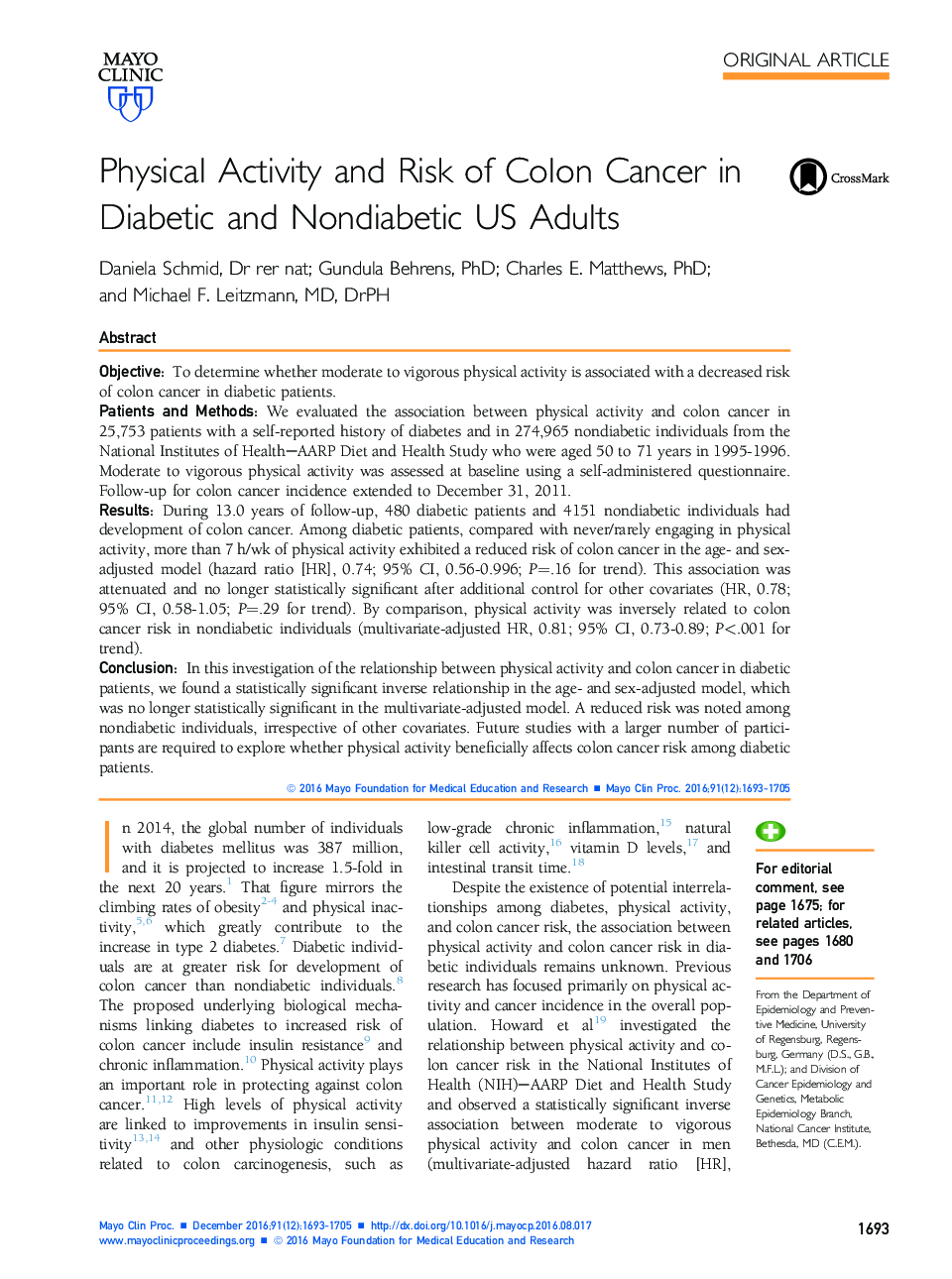 فعالیت بدنی و خطر ابتلا به سرطان کولون در بزرگسالان دیابتی و غیردیابی ایالات متحده 
