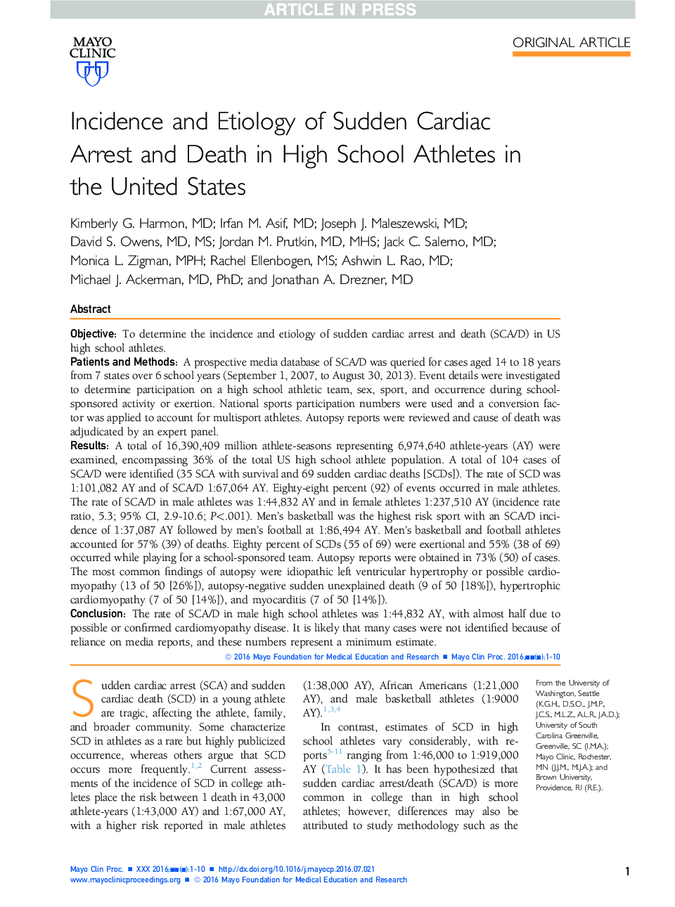 بروز و علل اتفاقی ناگهانی قلبی و مرگ در ورزشکاران دبیرستان در ایالات متحده 