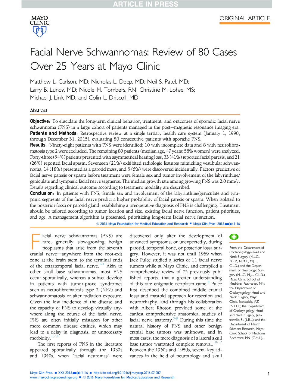 Facial Nerve Schwannomas: Review of 80 Cases Over 25 Years at Mayo Clinic