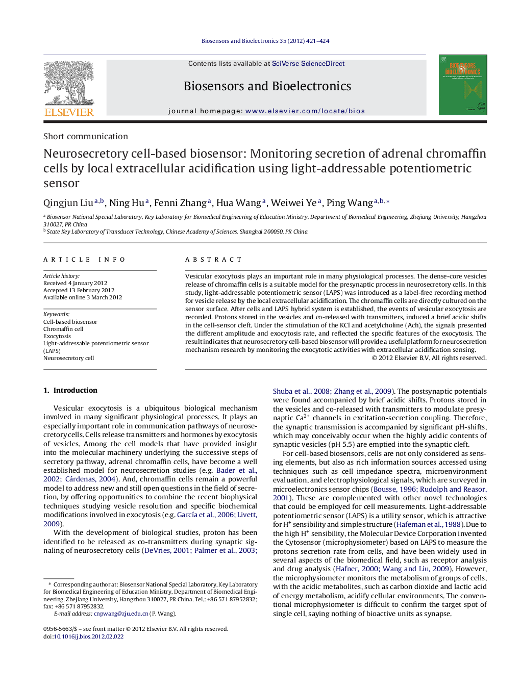 Neurosecretory cell-based biosensor: Monitoring secretion of adrenal chromaffin cells by local extracellular acidification using light-addressable potentiometric sensor