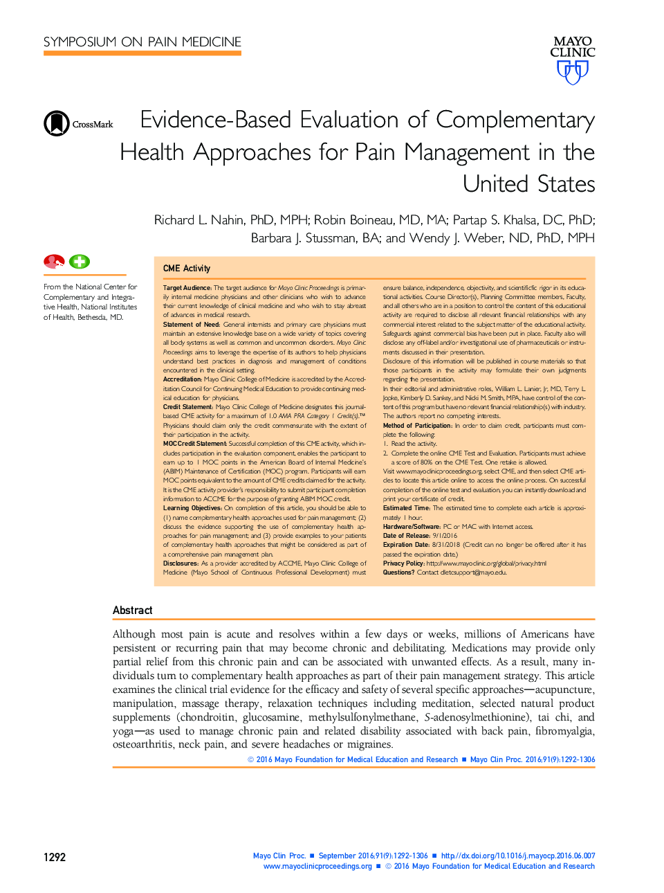 ارزیابی مبتنی بر شواهد روشهای بهداشت مکمل برای مدیریت درد در ایالات متحده 
