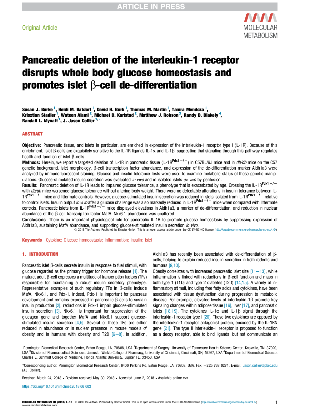 Pancreatic deletion of the interleukin-1 receptor disrupts whole body glucose homeostasis and promotes islet Î²-cell de-differentiation