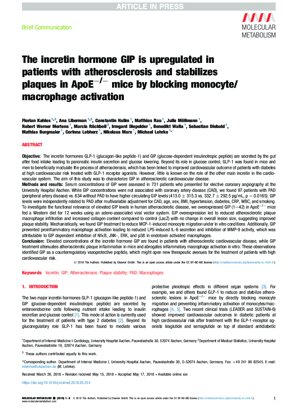 The incretin hormone GIP is upregulated in patients with atherosclerosis and stabilizes plaques in ApoEâ/â mice by blocking monocyte/macrophage activation