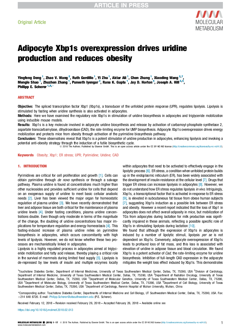 Adipocyte Xbp1s overexpression drives uridine production and reduces obesity