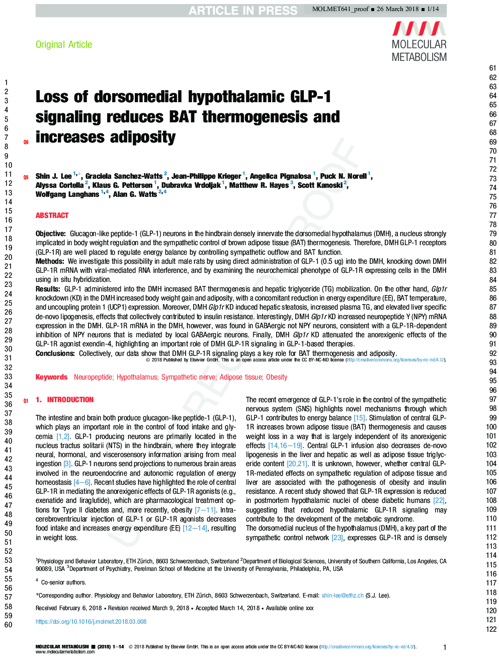 Loss of dorsomedial hypothalamic GLP-1 signaling reduces BAT thermogenesis and increases adiposity