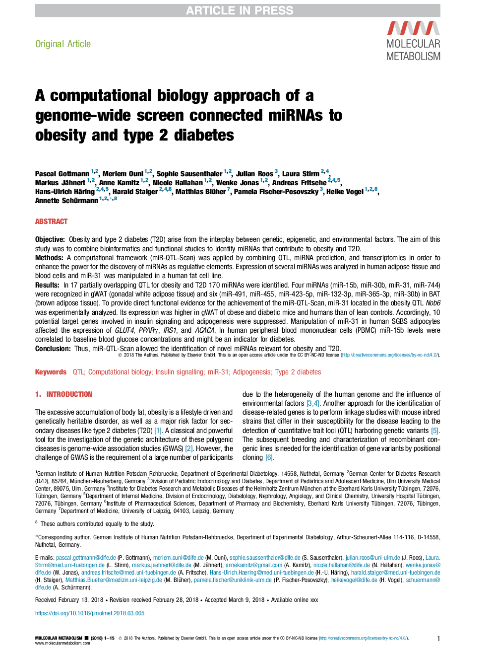 A computational biology approach of a genome-wide screen connected miRNAs to obesity and type 2 diabetes