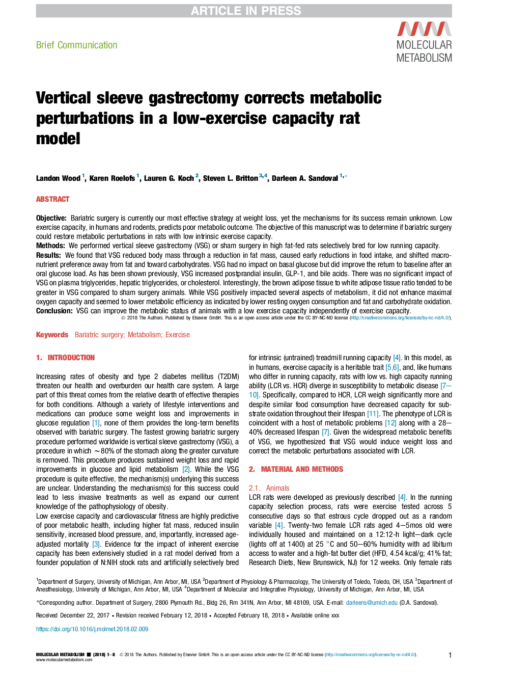 گاسترکتومی آستین عمودی باعث بروز اختلالات متابولیکی در یک مدل موش با توانایی کم تمرین می شود 