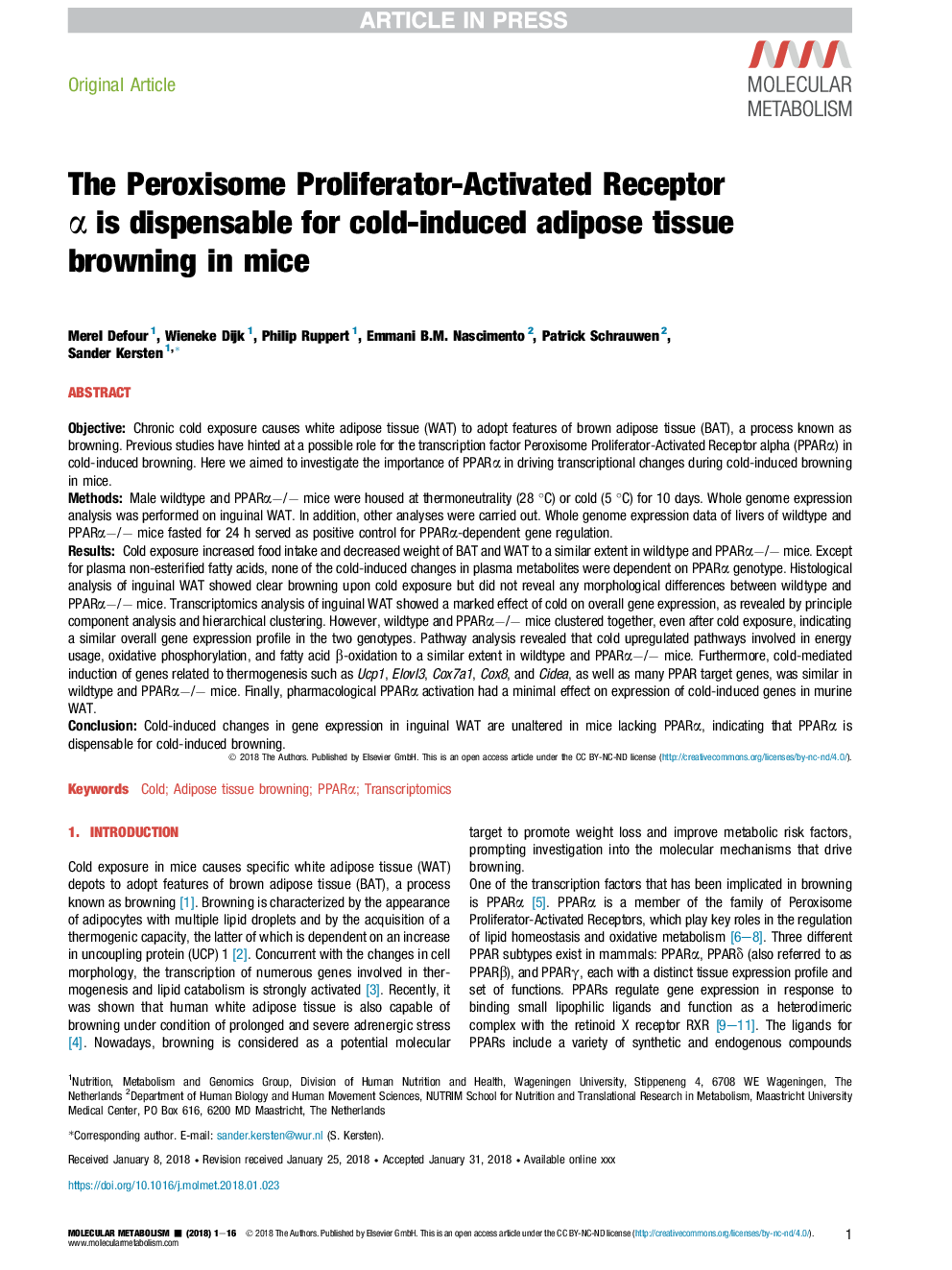 The Peroxisome Proliferator-Activated Receptor Î± is dispensable for cold-induced adipose tissue browning in mice