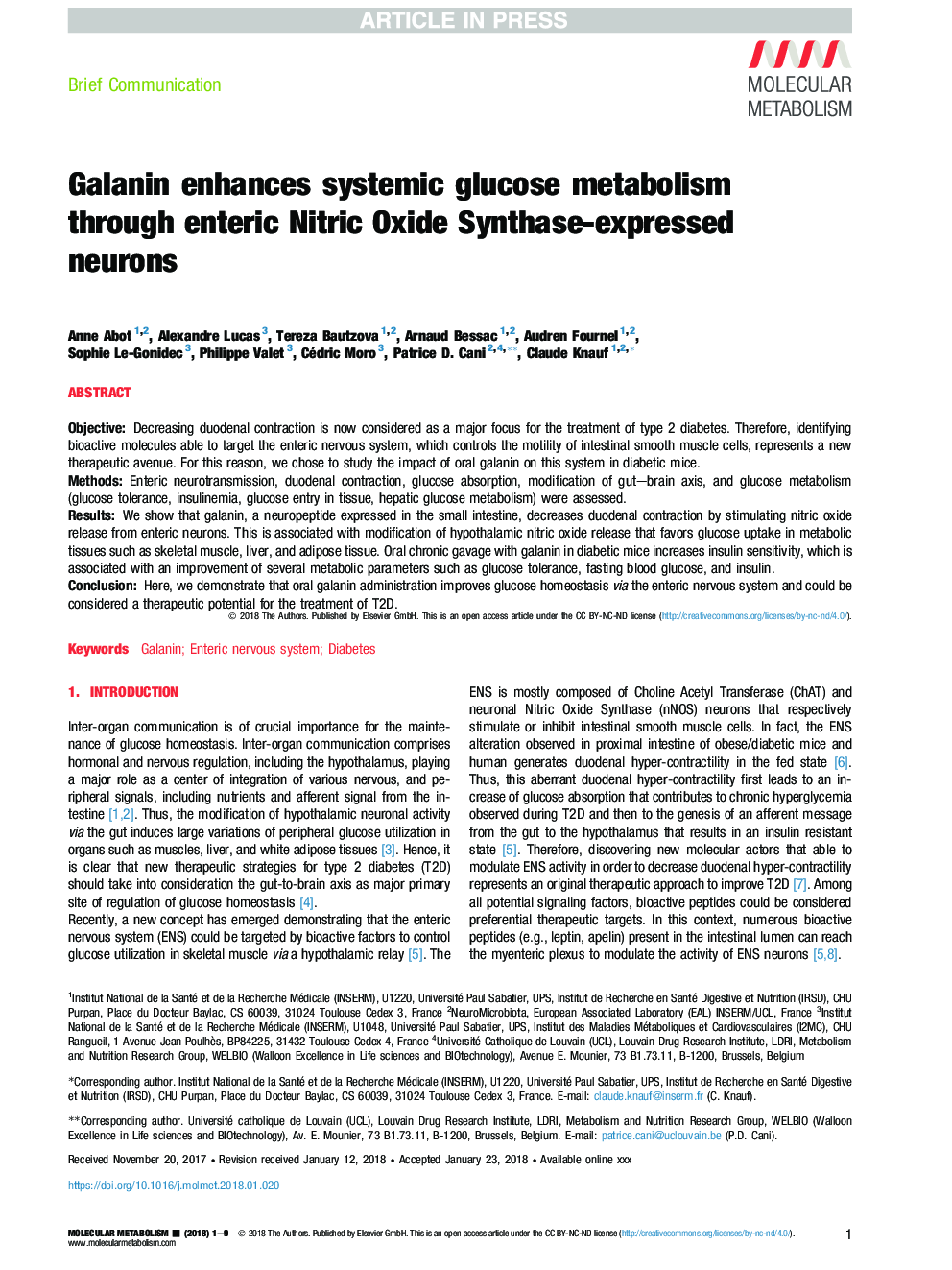 گالانین، متابولیسم سیستماتیک گلوکز را از طریق نورونهای بیان شده توسط نیتریک اکسید سینتاز، به وجود می آورد 