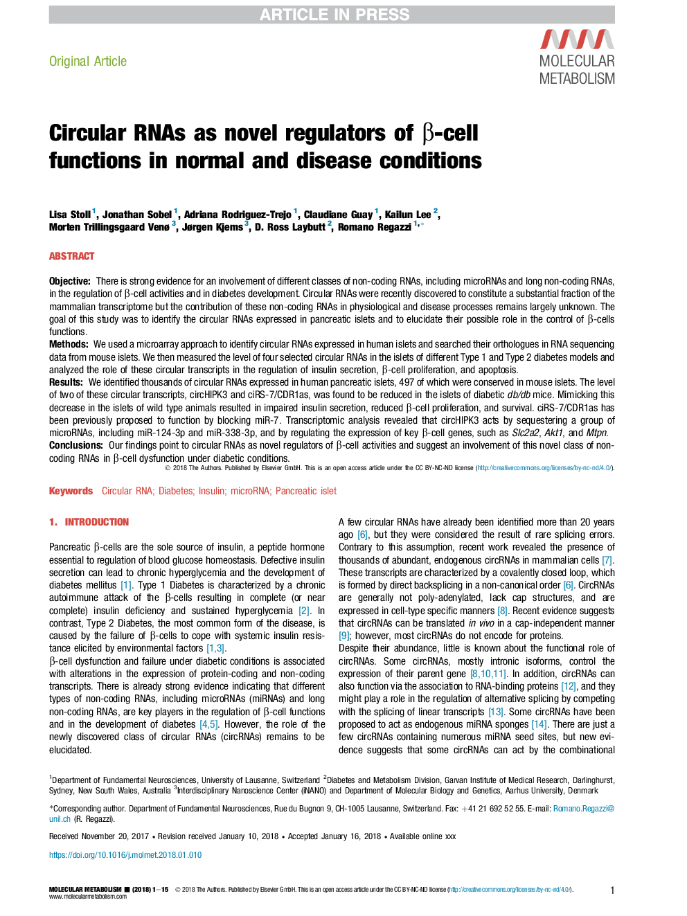 Circular RNAs as novel regulators of Î²-cell functions in normal and disease conditions