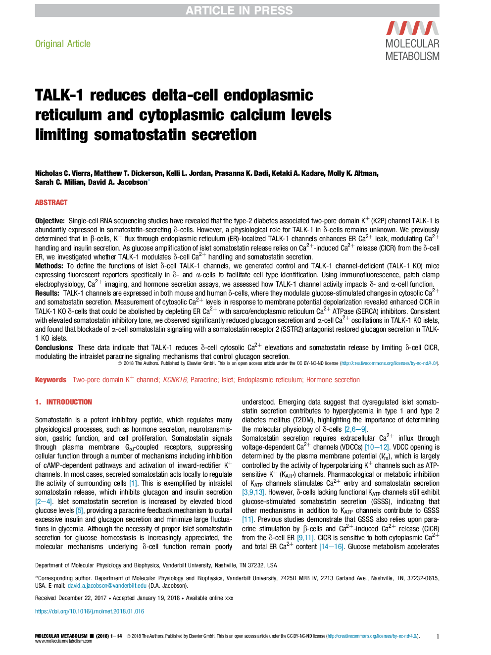 TALK-1 reduces delta-cell endoplasmic reticulum and cytoplasmic calcium levels limiting somatostatin secretion