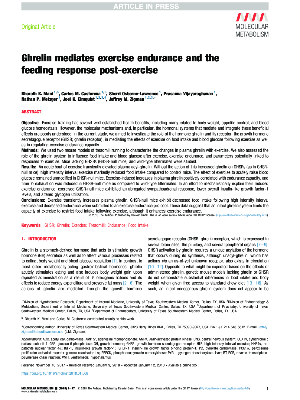 Ghrelin mediates exercise endurance and the feeding response post-exercise