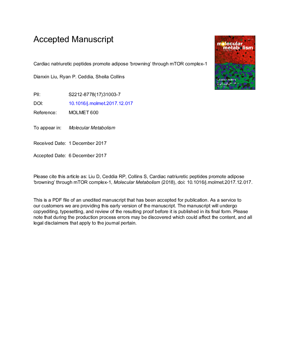 Cardiac natriuretic peptides promote adipose 'browning' through mTOR complex-1