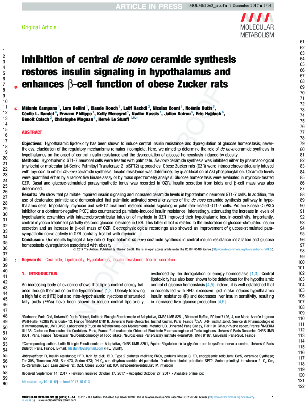 Inhibition of central de novo ceramide synthesis restores insulin signaling in hypothalamus and enhances Î²-cell function of obese Zucker rats