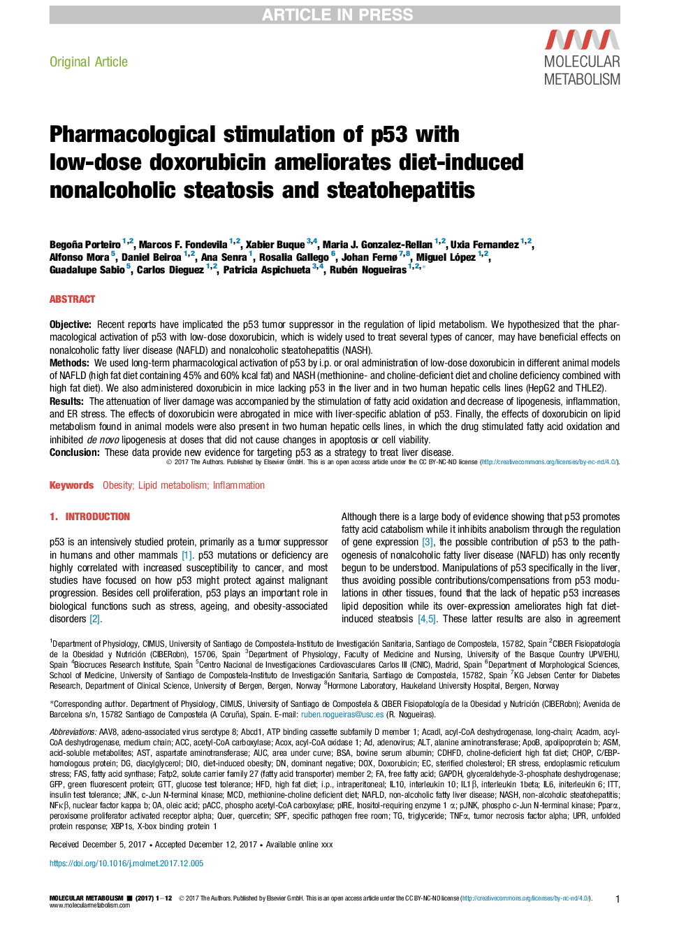 Pharmacological stimulation of p53 with low-dose doxorubicin ameliorates diet-induced nonalcoholic steatosis and steatohepatitis