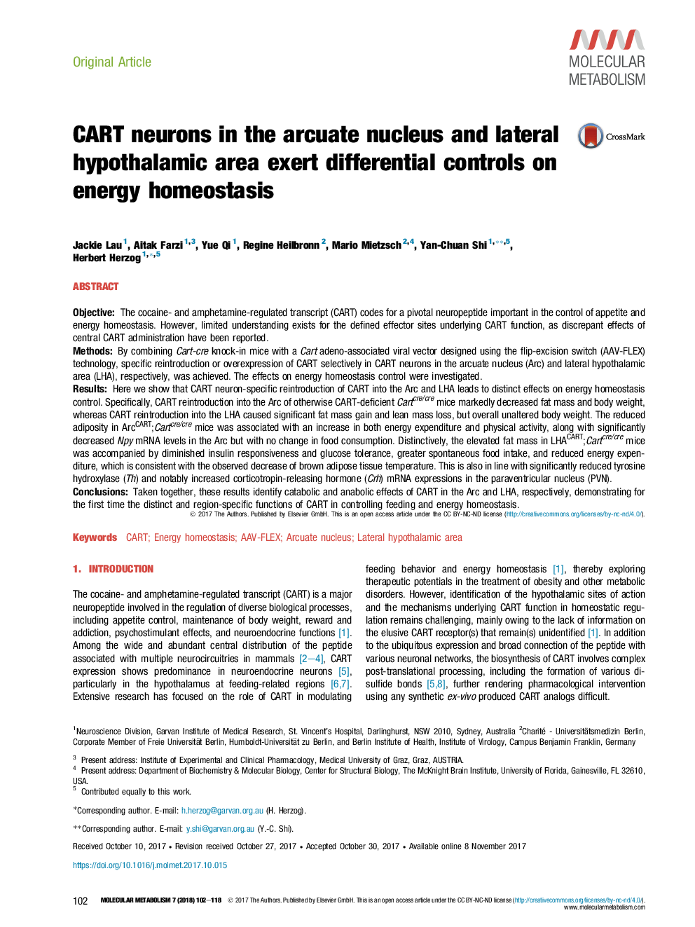 CART neurons in the arcuate nucleus and lateral hypothalamic area exert differential controls on energy homeostasis