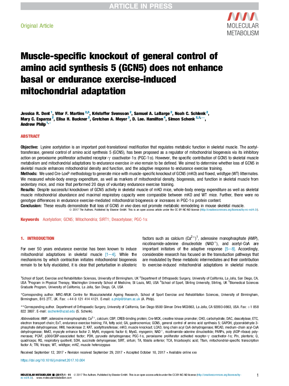 Muscle-specific knockout of general control of amino acid synthesis 5 (GCN5) does not enhance basal or endurance exercise-induced mitochondrial adaptation