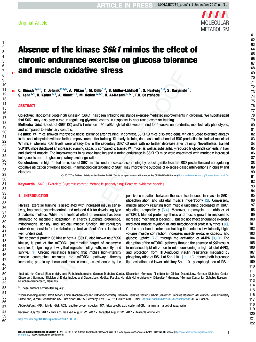 Absence of the kinase S6k1 mimics the effect of chronic endurance exercise on glucose tolerance and muscle oxidative stress