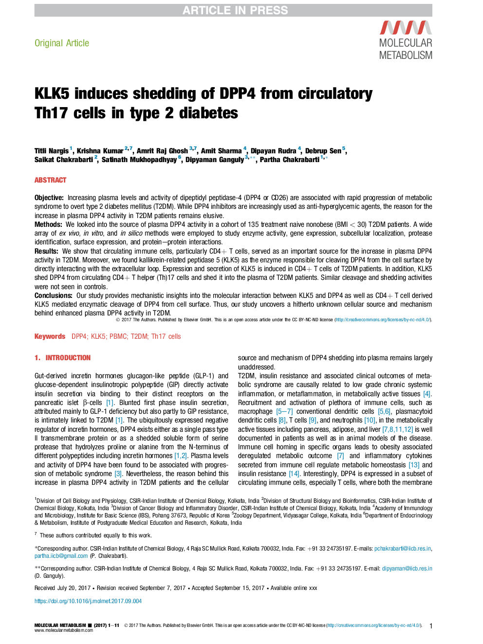 KLK5 induces shedding of DPP4 from circulatory Th17 cells in type 2 diabetes