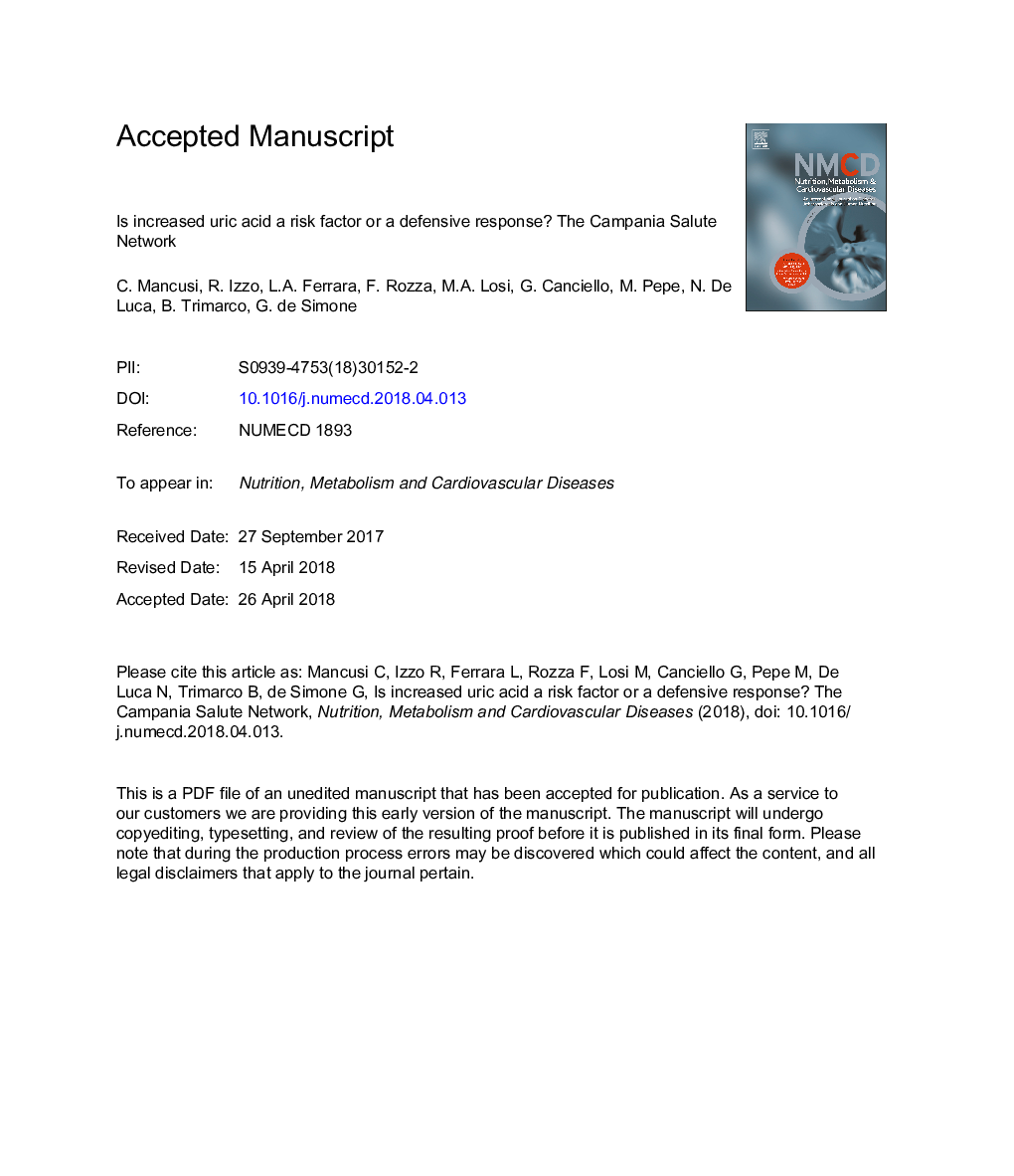 Is increased uric acid a risk factor or a defensive response? TheÂ Campania Salute Network