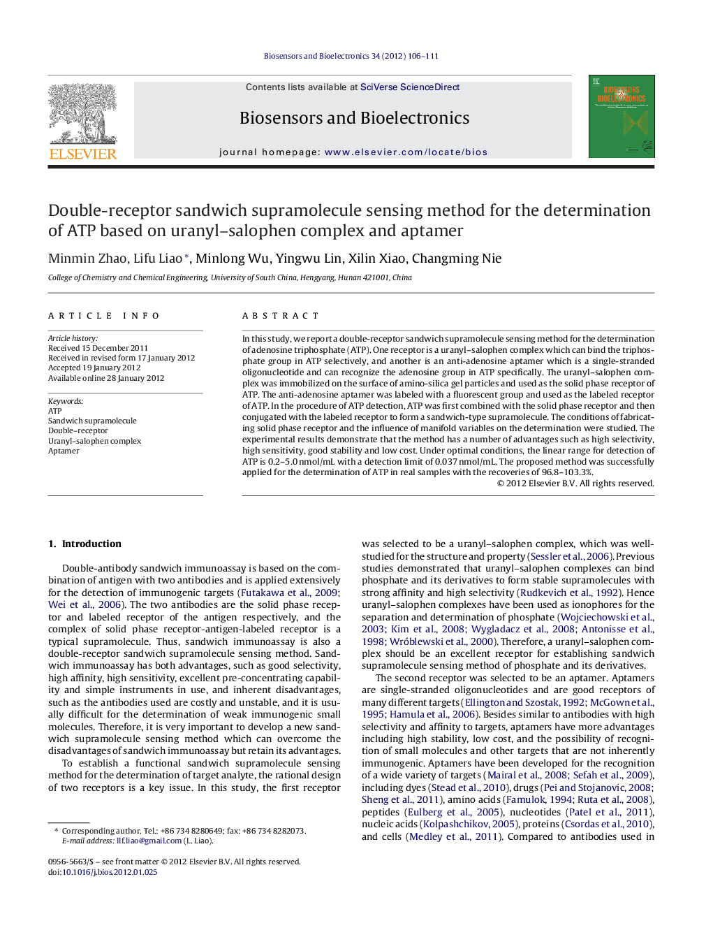 Double-receptor sandwich supramolecule sensing method for the determination of ATP based on uranyl–salophen complex and aptamer
