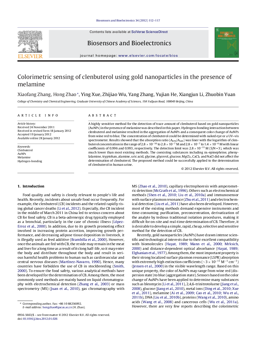 Colorimetric sensing of clenbuterol using gold nanoparticles in the presence of melamine