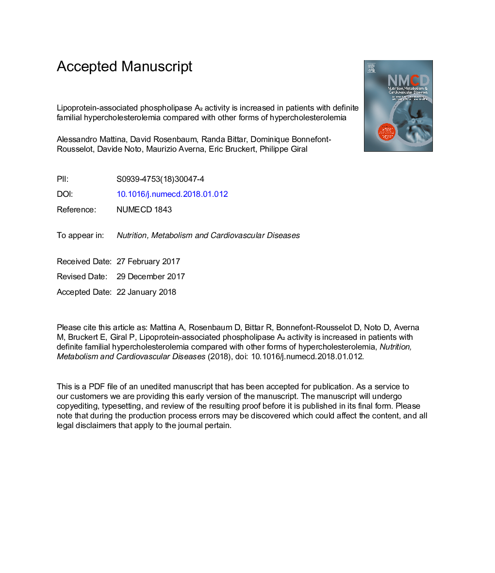 Lipoprotein-associated phospholipase Aâ activity is increased in patients with definite familial hypercholesterolemia compared with other forms of hypercholesterolemia