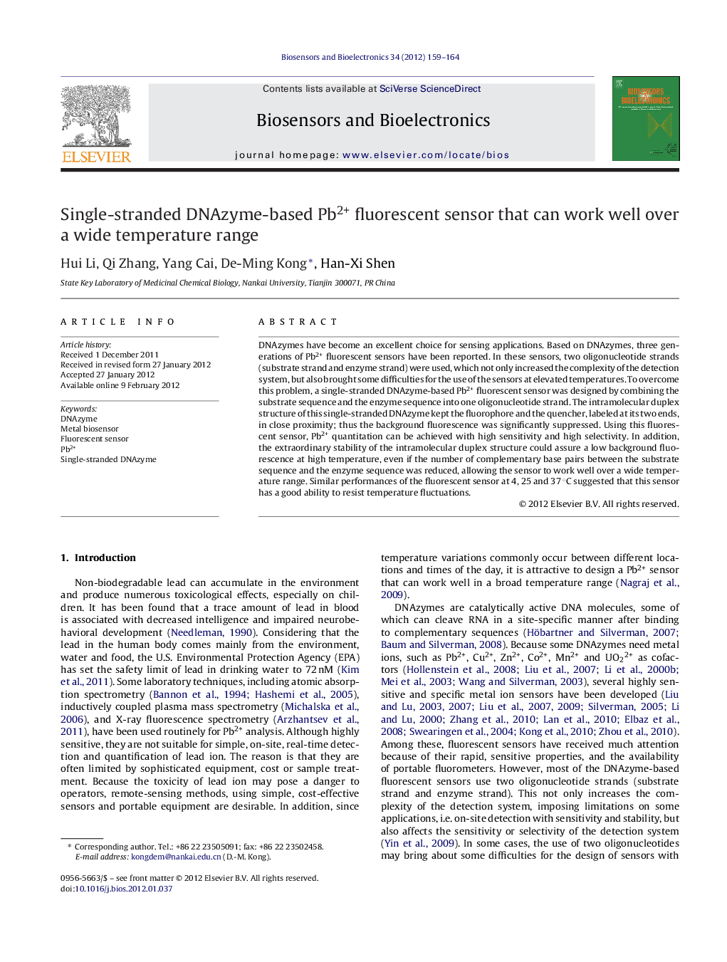 عکس صفحه اول مقاله: Single-stranded DNAzyme-based Pb2+ fluorescent sensor that can work well over a wide temperature range Single-stranded DNAzyme-based Pb2+ fluorescent sensor that can work well over a wide temperature range