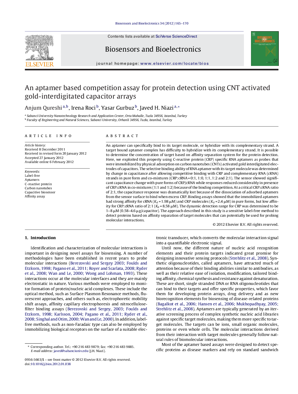 An aptamer based competition assay for protein detection using CNT activated gold-interdigitated capacitor arrays