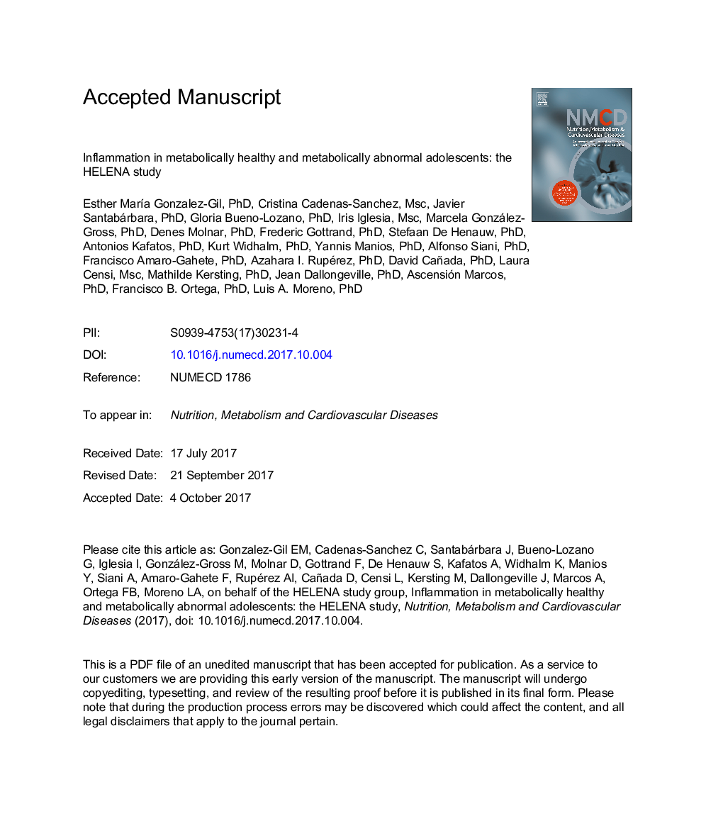 Inflammation in metabolically healthy and metabolically abnormal adolescents: The HELENA study