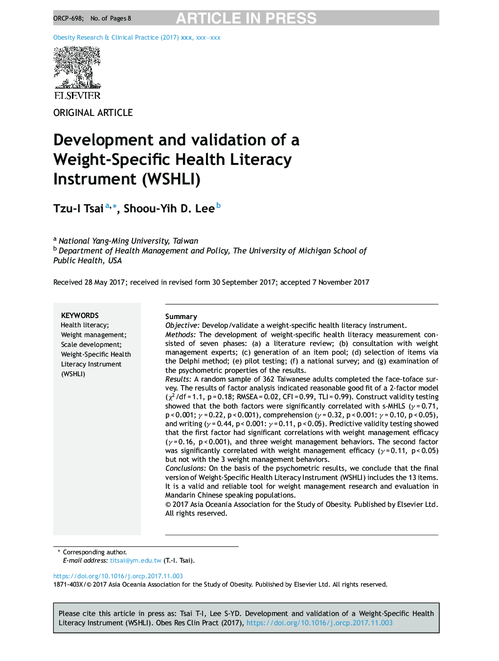 Development and validation of a Weight-Specific Health Literacy Instrument (WSHLI)