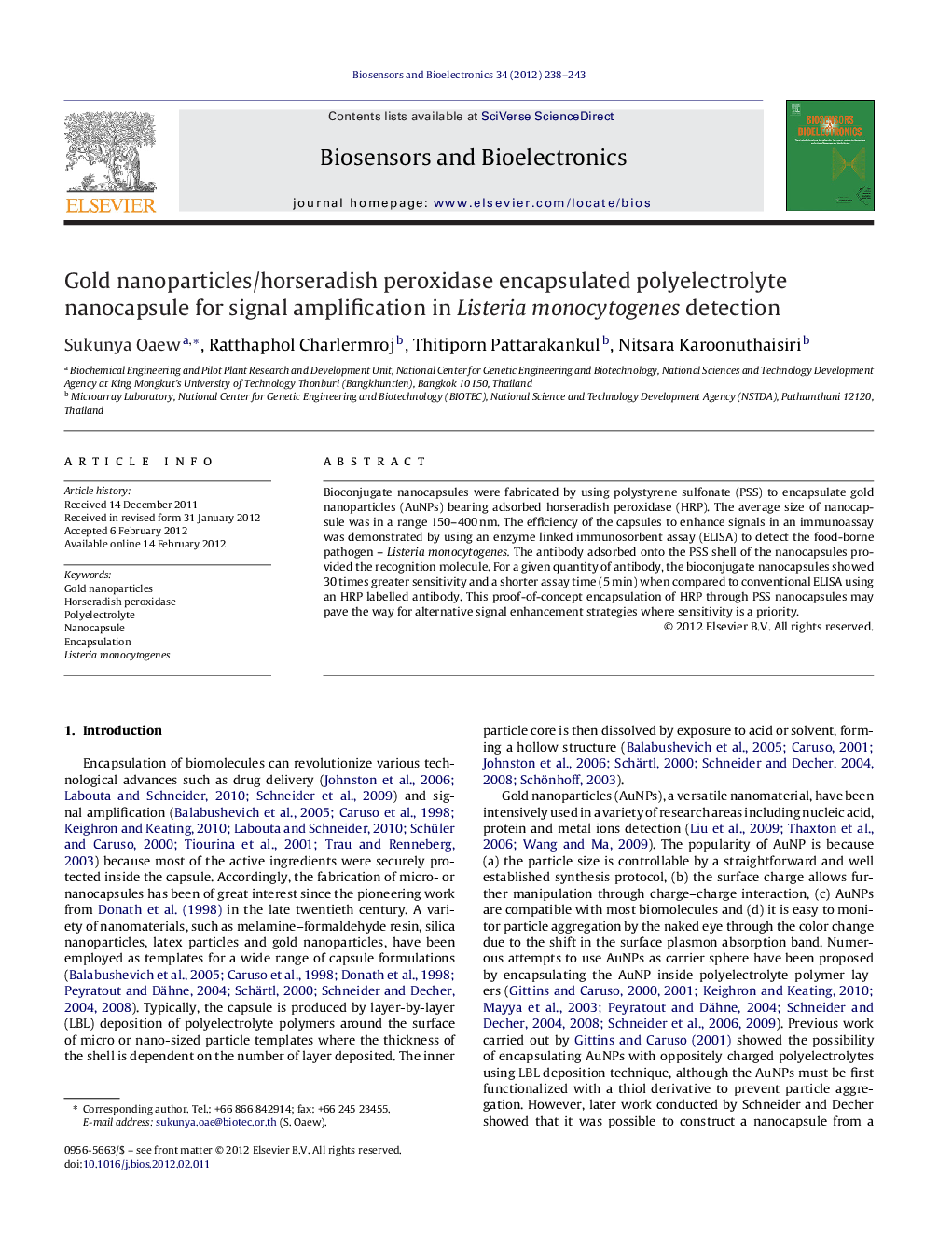 Gold nanoparticles/horseradish peroxidase encapsulated polyelectrolyte nanocapsule for signal amplification in Listeria monocytogenes detection