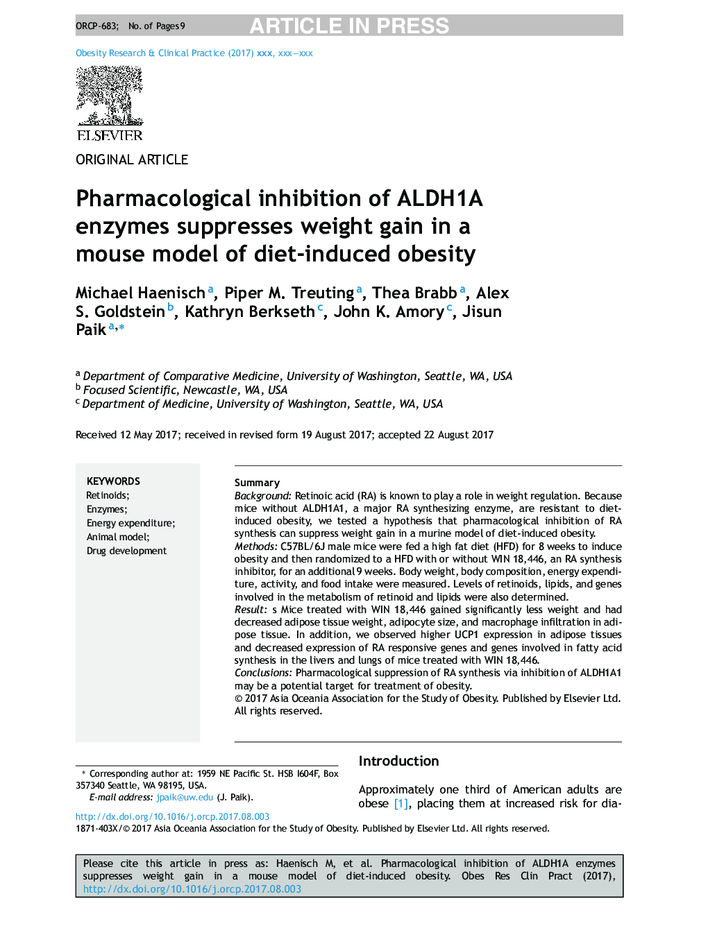 Pharmacological inhibition of ALDH1A enzymes suppresses weight gain in a mouse model of diet-induced obesity