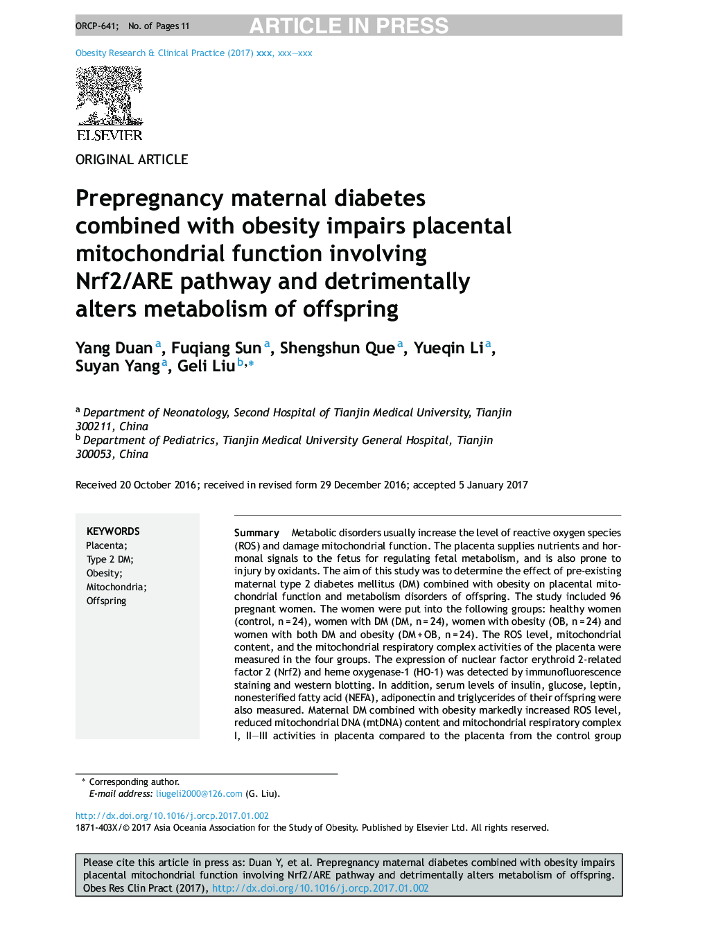 Prepregnancy maternal diabetes combined with obesity impairs placental mitochondrial function involving Nrf2/ARE pathway and detrimentally alters metabolism of offspring