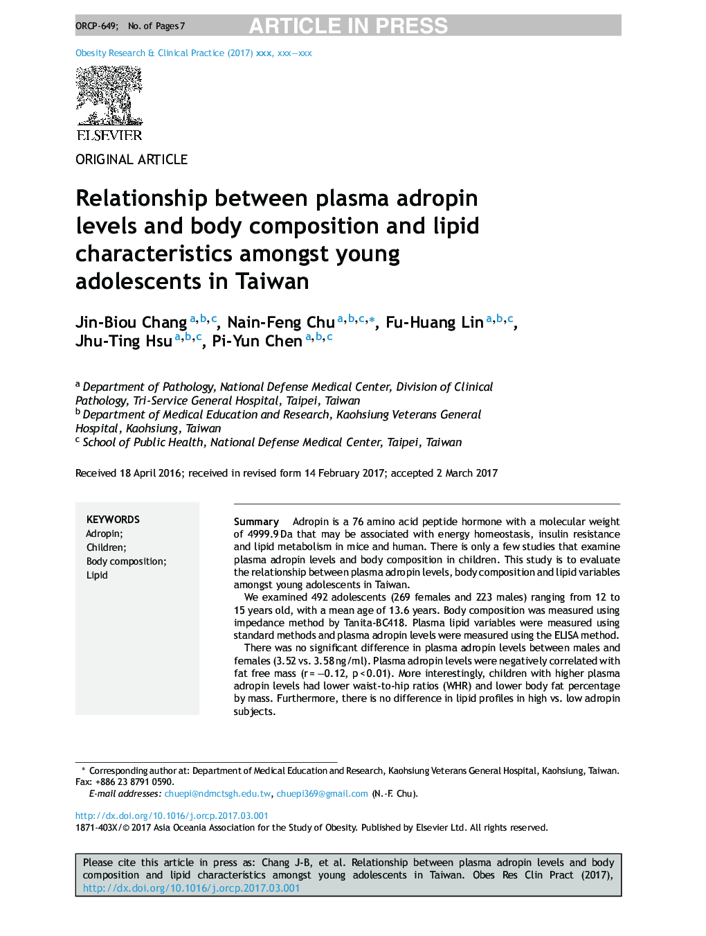 رابطه بین سطوح آدروفین پلاسما و ترکیب بدن و ویژگی های لیپید در نوجوانان جوان در تایوان 