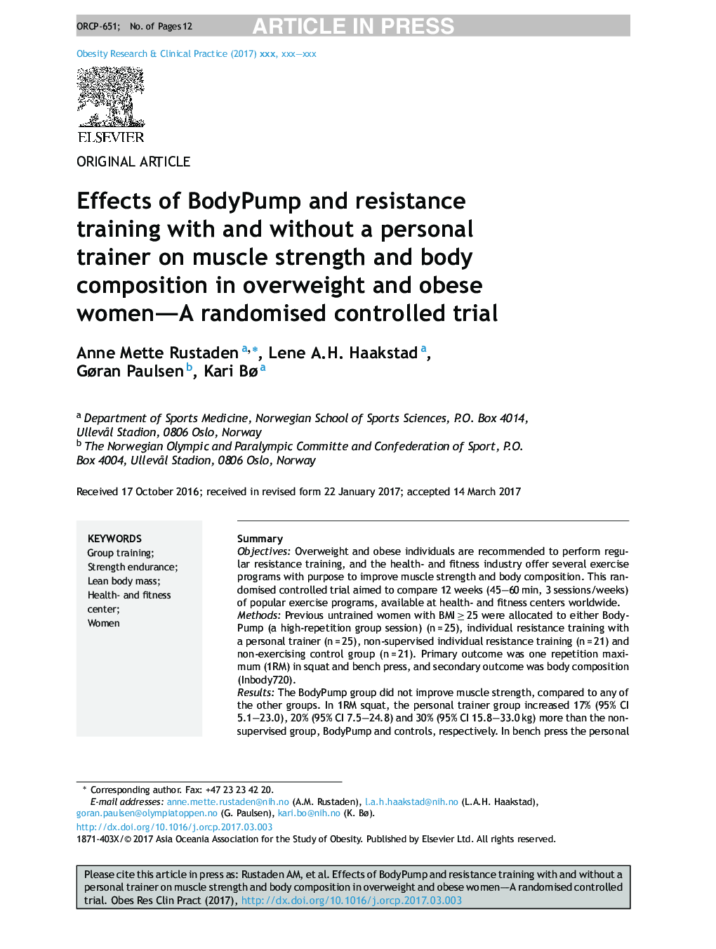 Effects of BodyPump and resistance training with and without a personal trainer on muscle strength and body composition in overweight and obese women-A randomised controlled trial